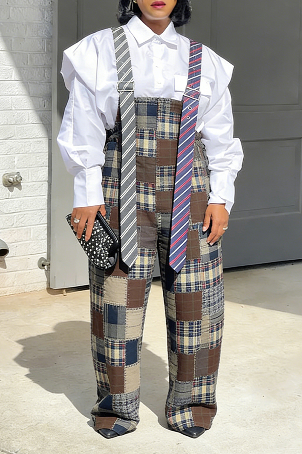 Stylish Long Tie Style Plaid Jumpsuit