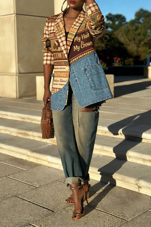 Stylish Graphic Print Denim Patch Jacket