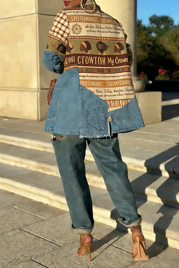 Stylish Graphic Print Denim Patch Jacket