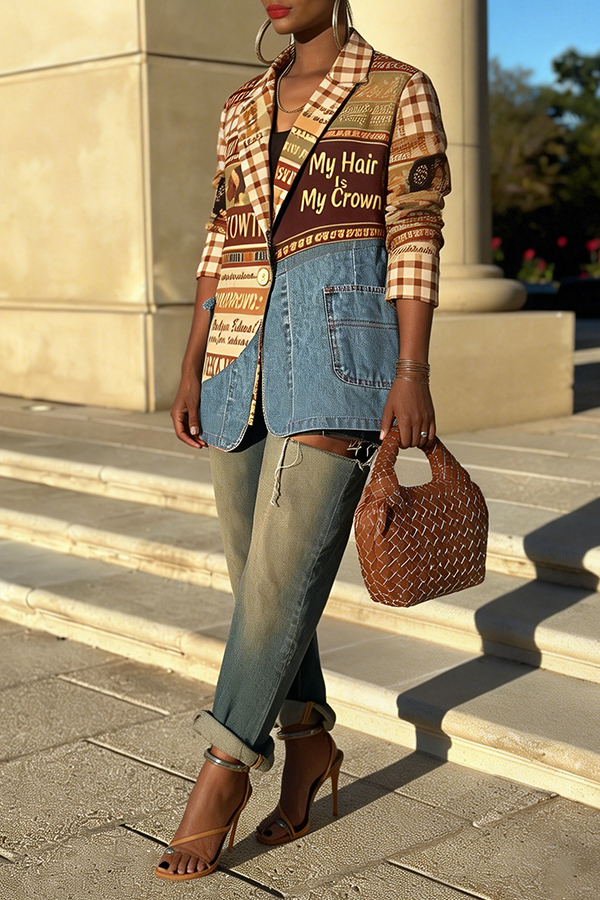 Stylish Graphic Print Denim Patch Jacket