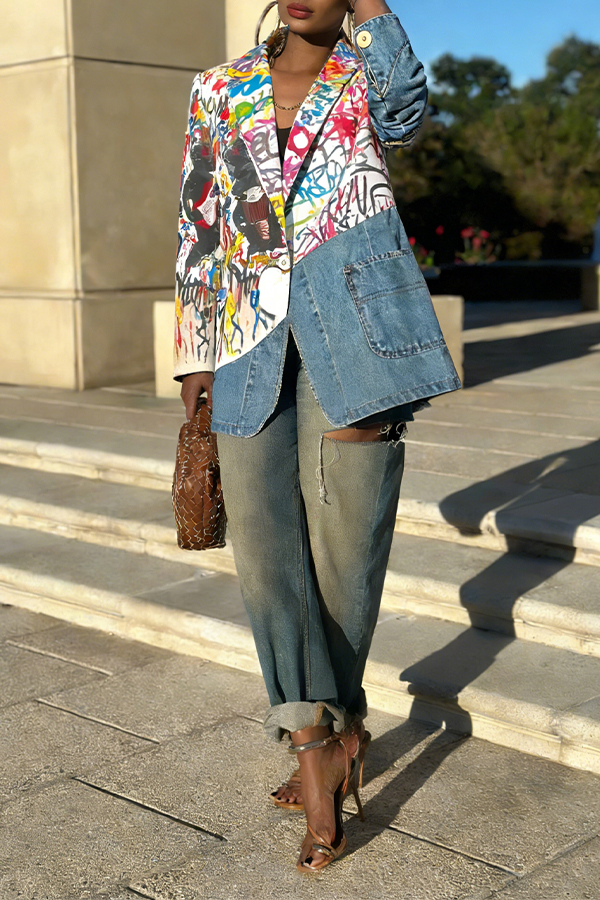 Fashion Allover Print Denim Patch Jacket
