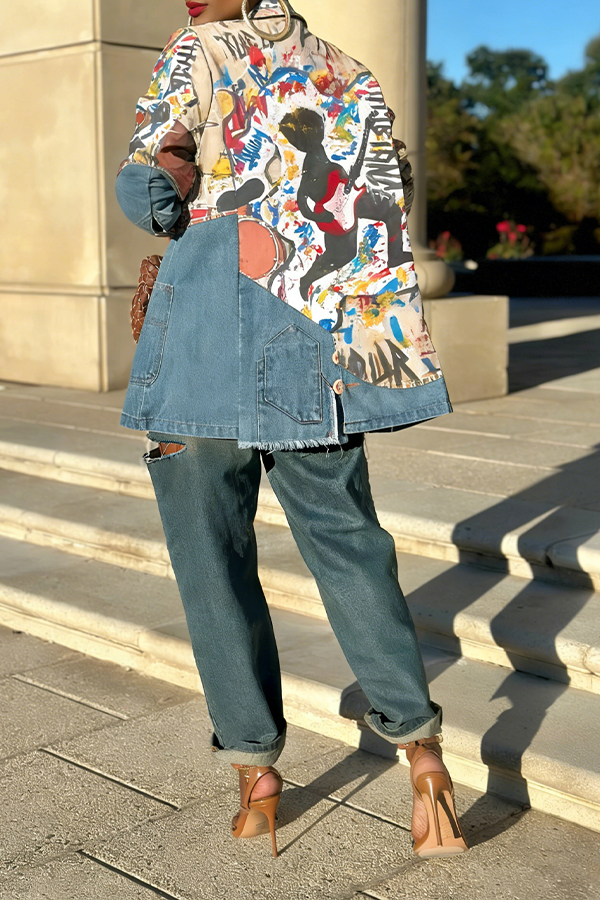 Fashion Allover Print Denim Patch Jacket