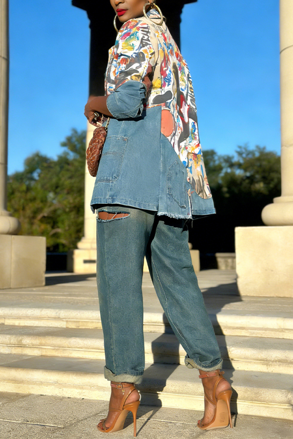Fashion Allover Print Denim Patch Jacket