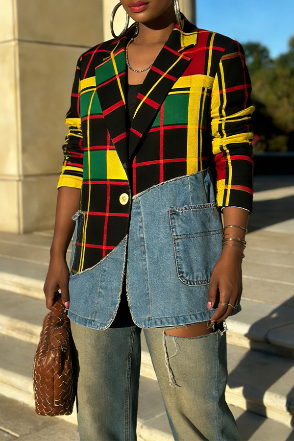 Fashion Plaid Denim Patch Jacket