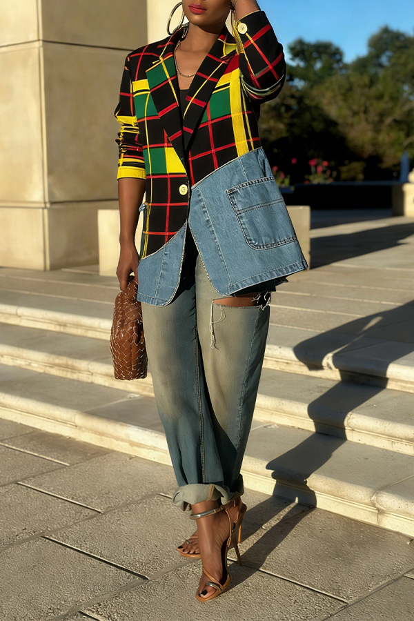 Fashion Plaid Denim Patch Jacket
