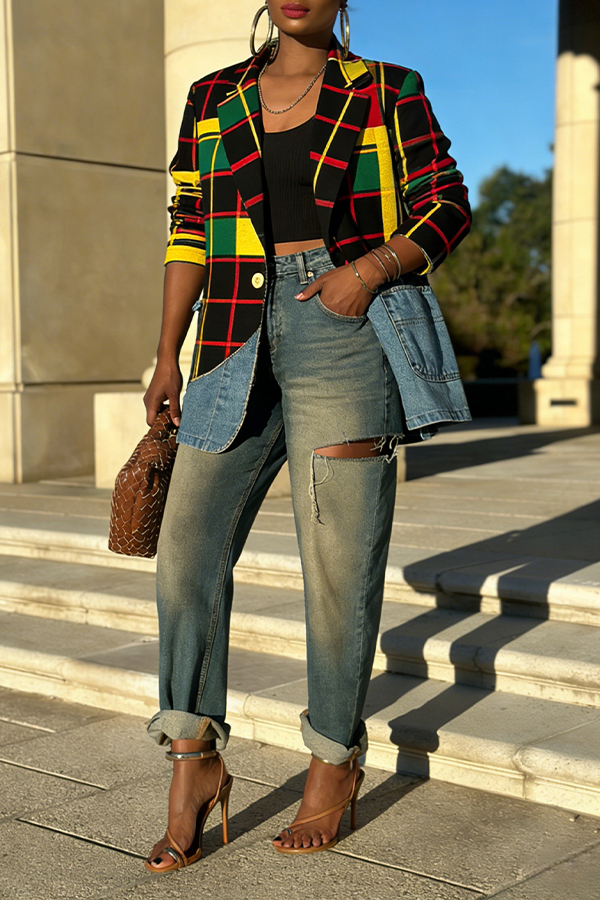 Fashion Plaid Denim Patch Jacket