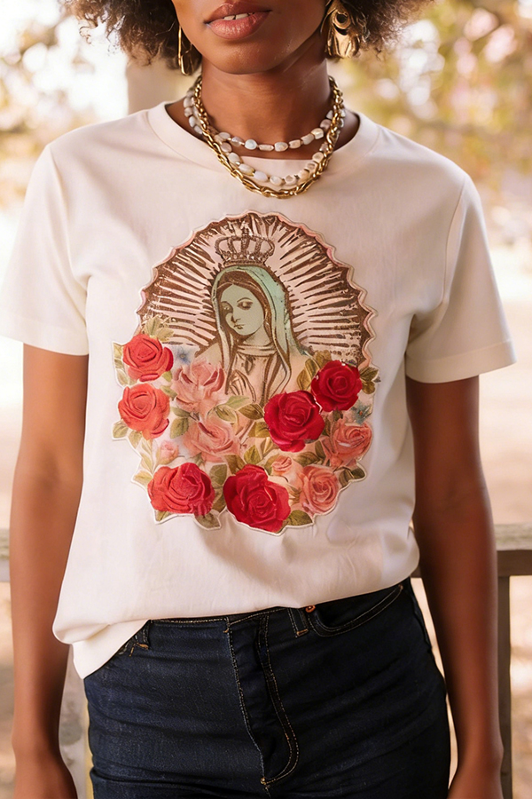 Stylish Figure Graphic Rose Print T-shirt