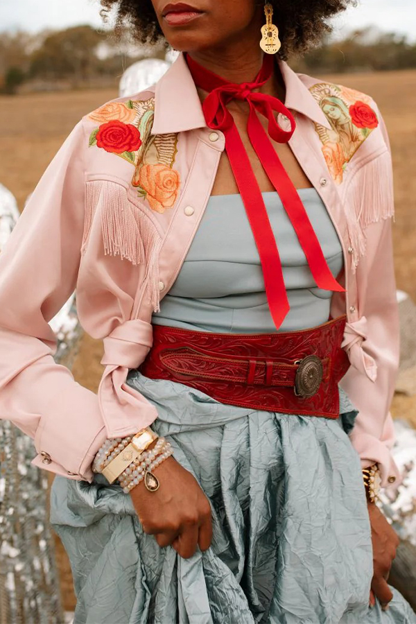 Stylish Fringe Hem Rose Print Shirt