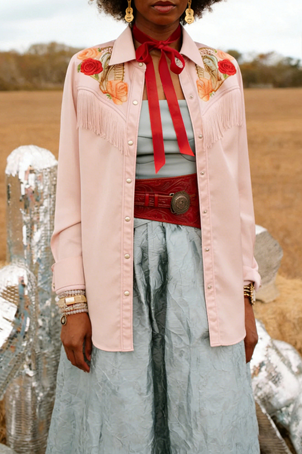 Stylish Fringe Hem Rose Print Shirt