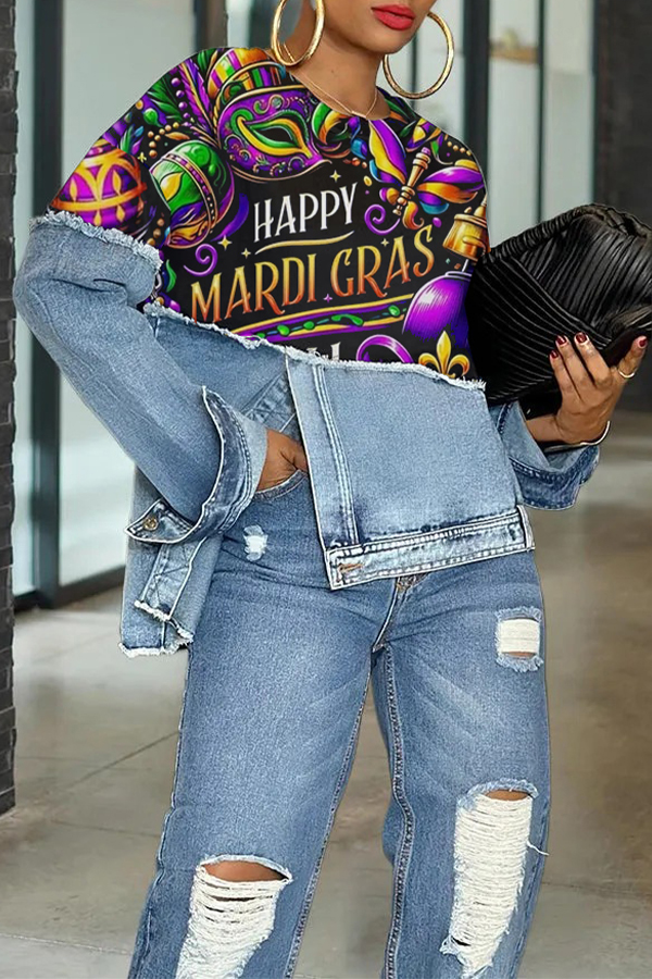 Stylish Figure Graphic Denim Patch Sweatshirt