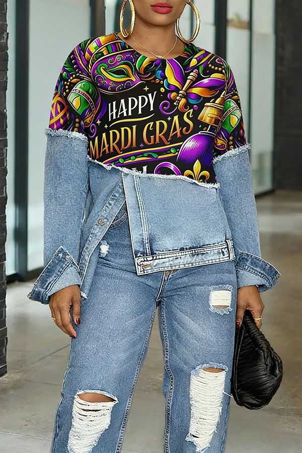 Stylish Figure Graphic Denim Patch Sweatshirt
