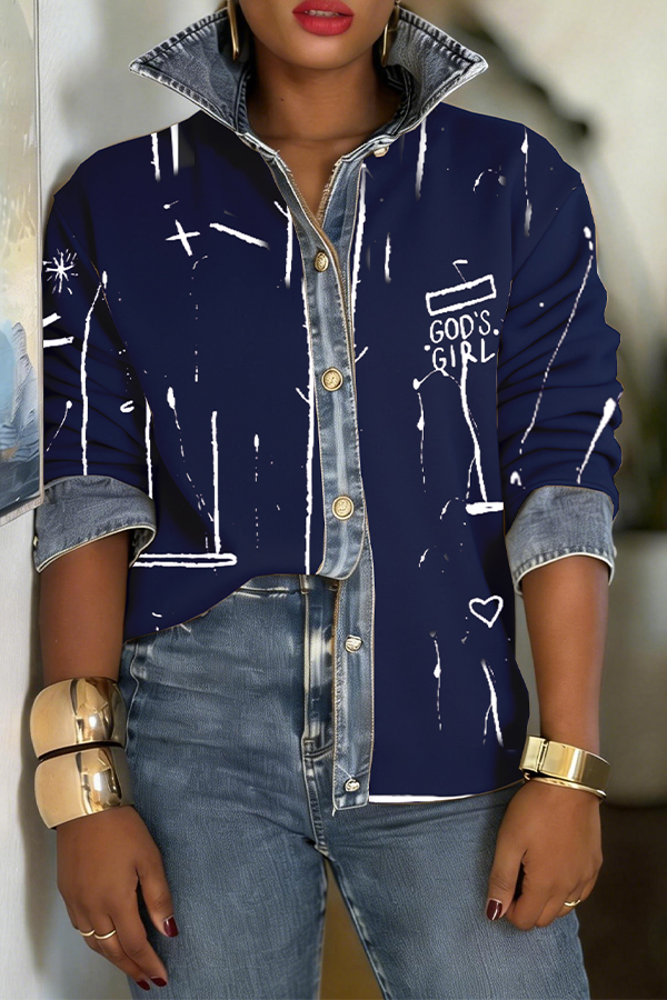 God's Girl Graffiti Print Denim Patchwork Shirt