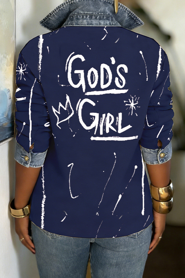 God's Girl Graffiti Print Denim Patchwork Shirt