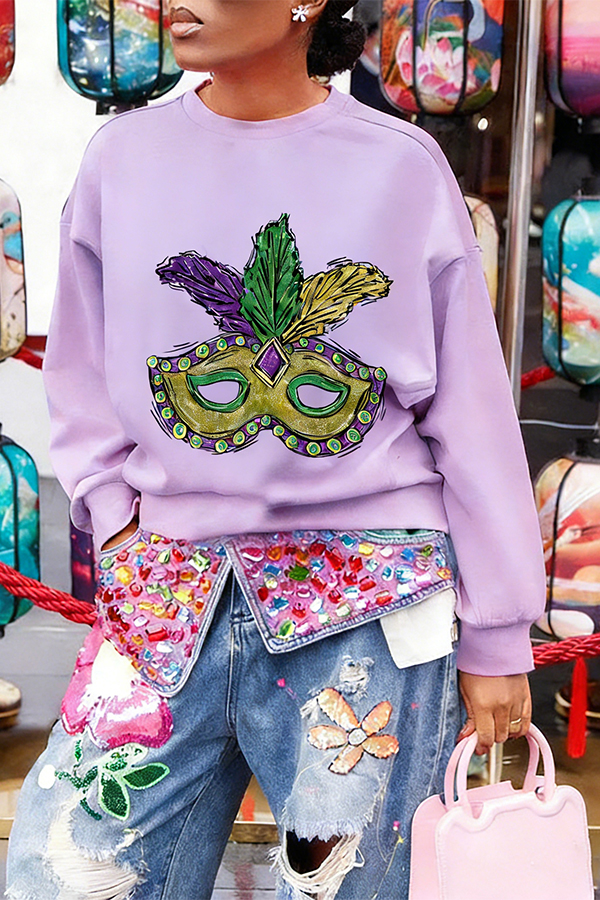Mardi Gras Mask Print Casual Sweatshirt