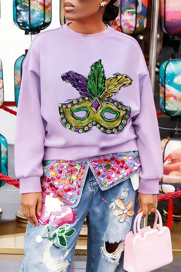 Mardi Gras Mask Print Casual Sweatshirt