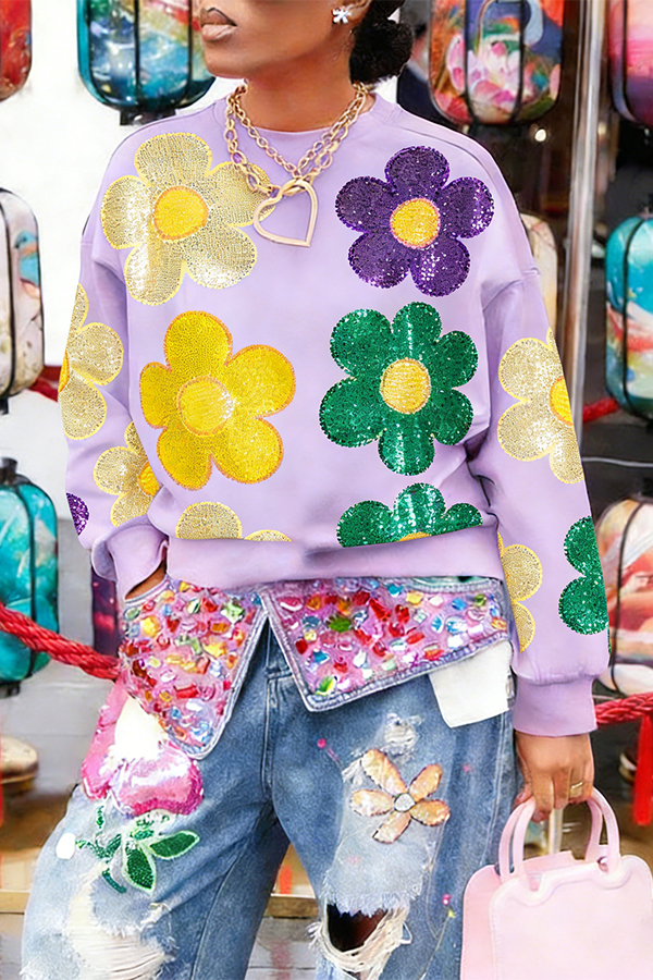 Stylish Mardi Gras Colorblock Floral Print Sweatshirt