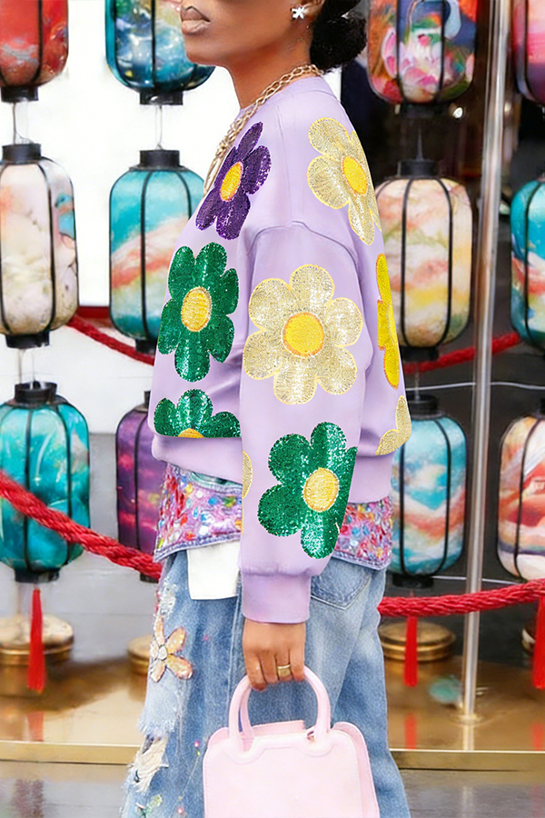 Stylish Mardi Gras Colorblock Floral Print Sweatshirt