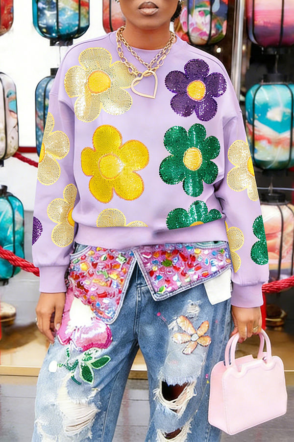 Stylish Mardi Gras Colorblock Floral Print Sweatshirt