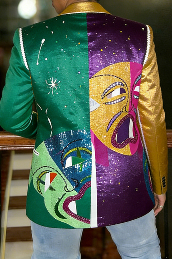 Mardi Gras Fashion Colorblock Mask Print Blazer