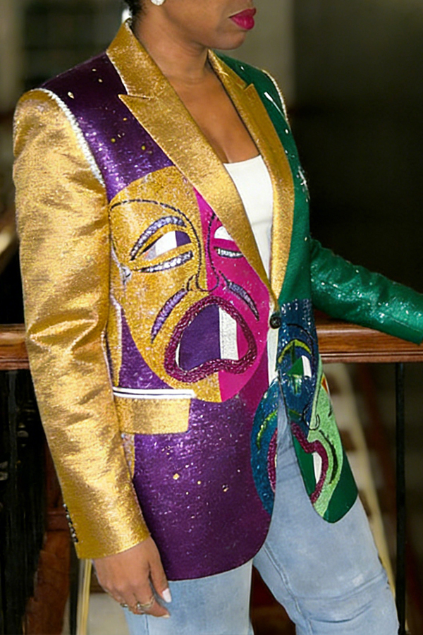 Mardi Gras Fashion Colorblock Mask Print Blazer