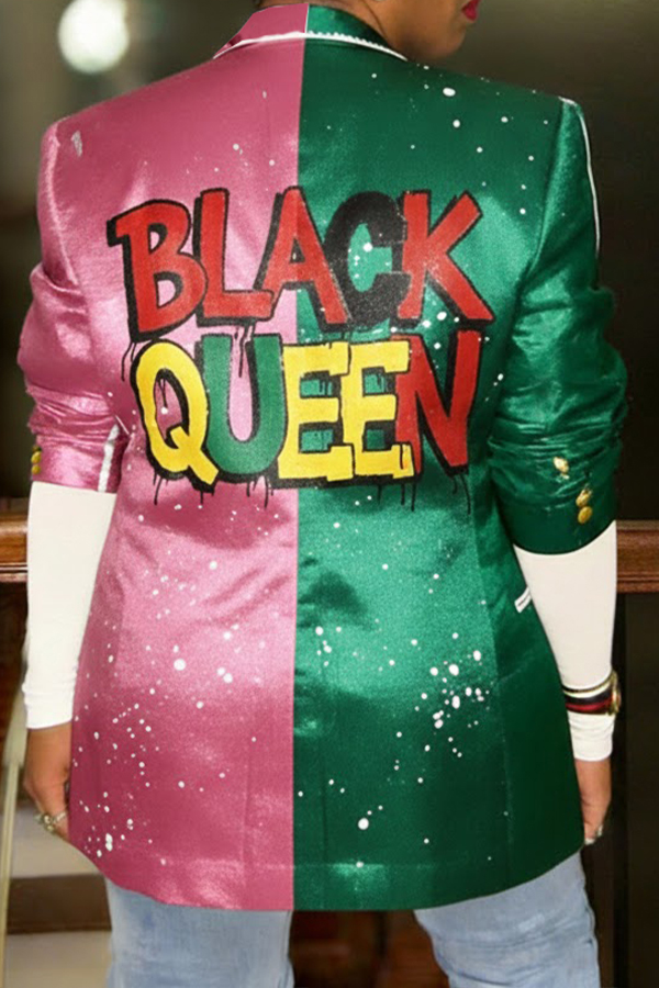 Stylish Letter & Figure Graphic Peak Collar Blazer