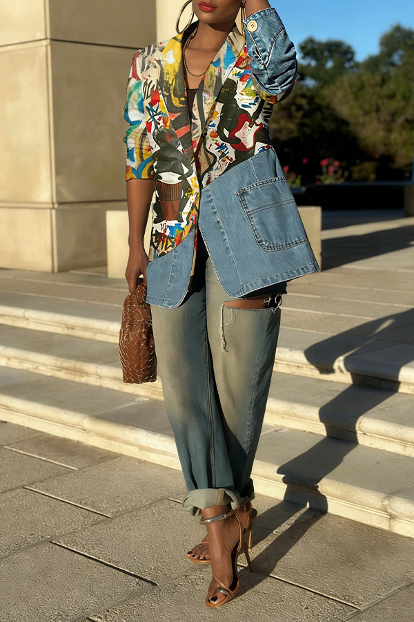 Stylish Allover Print Denim Splicing Blazer