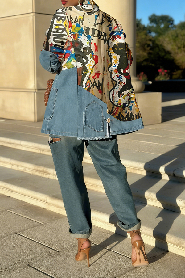 Stylish Allover Print Denim Splicing Blazer