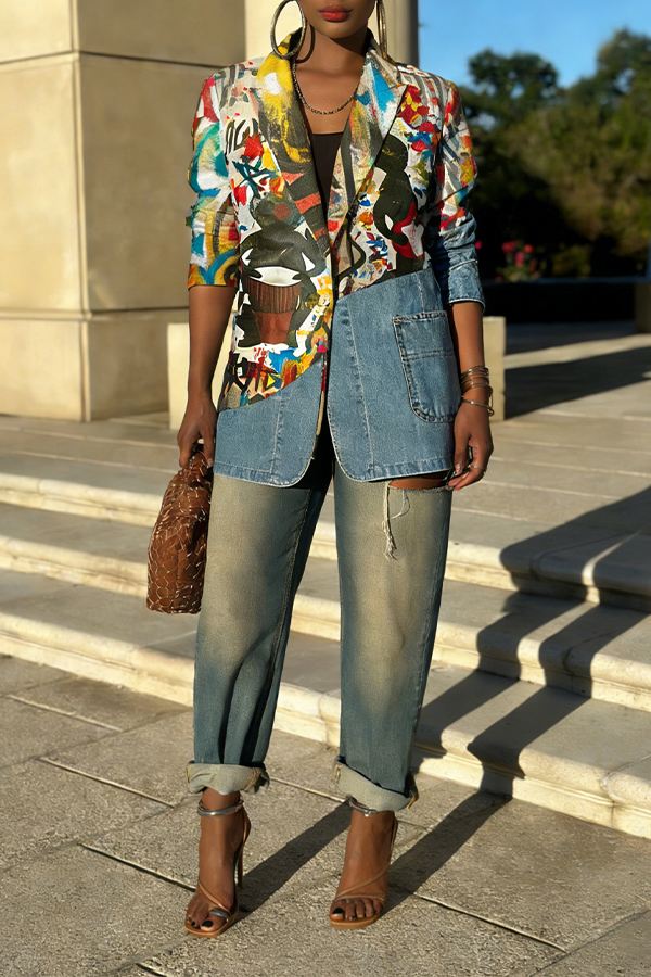Stylish Allover Print Denim Splicing Blazer