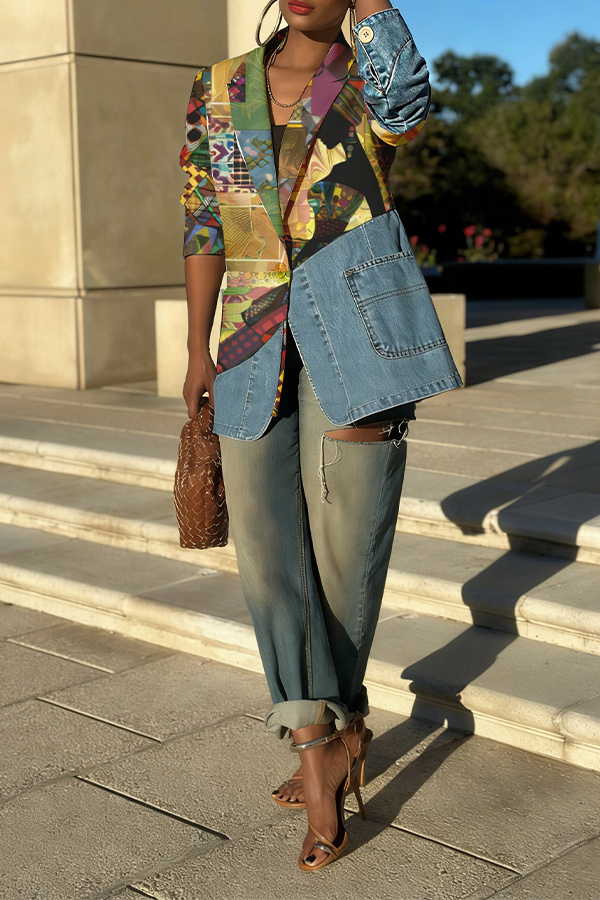 Stylish Figure Graphic Denim Splicing Blazer