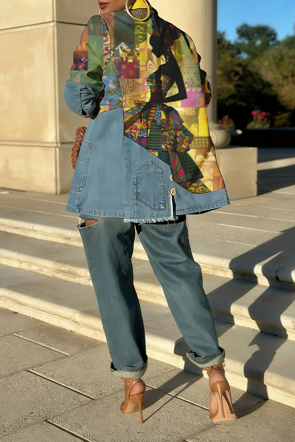 Stylish Figure Graphic Denim Splicing Blazer