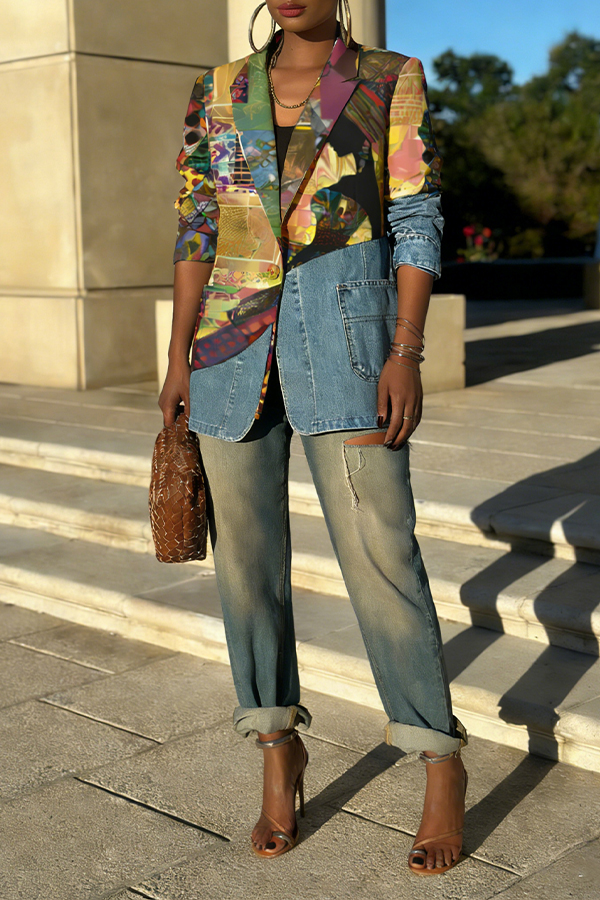 Stylish Figure Graphic Denim Splicing Blazer