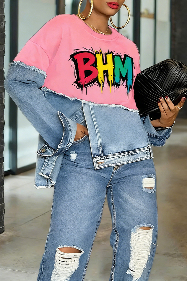 Stylish Irregular Letter Graphic Denim Patch Sweatshirt