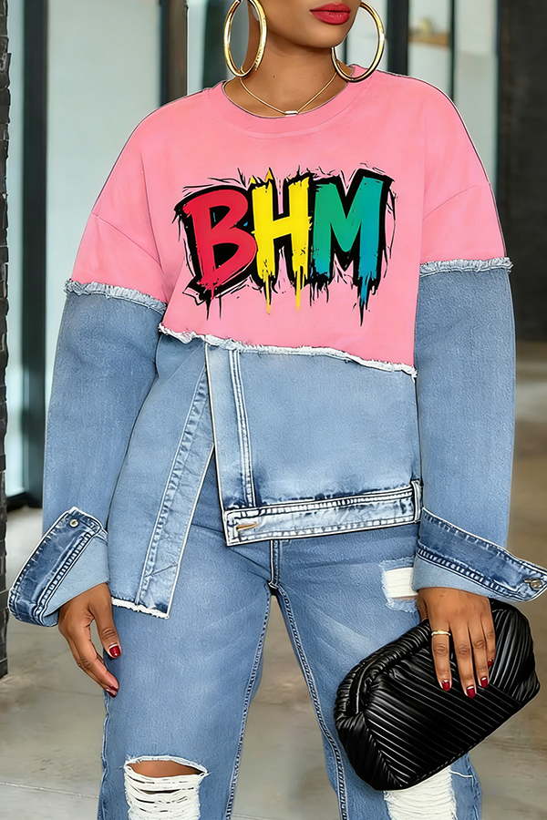 Stylish Irregular Letter Graphic Denim Patch Sweatshirt