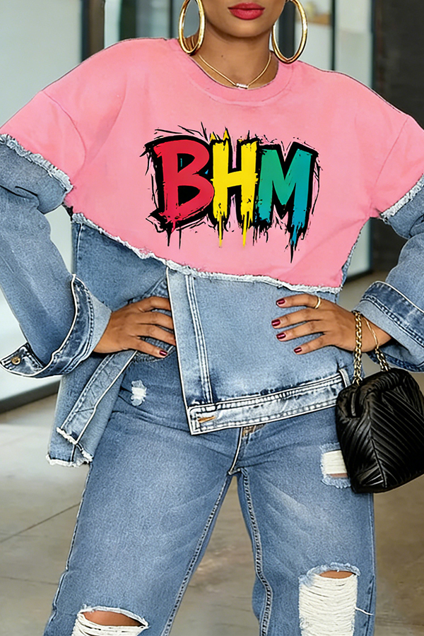 Stylish Irregular Letter Graphic Denim Patch Sweatshirt