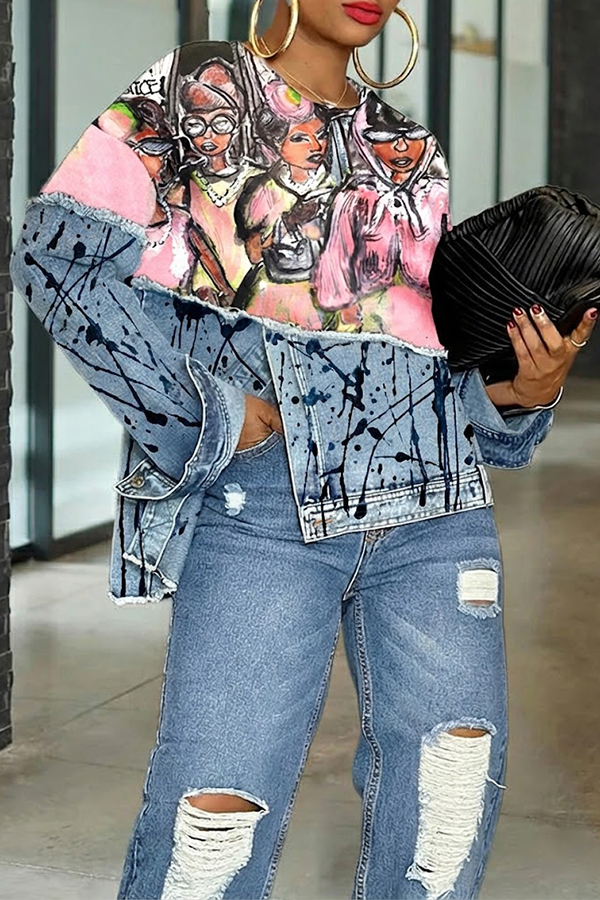 Stylish Irregular Oil Painting Print Denim Patch Sweatshirt