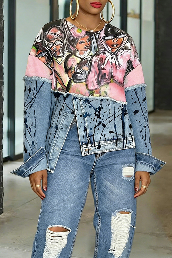 Stylish Irregular Oil Painting Print Denim Patch Sweatshirt
