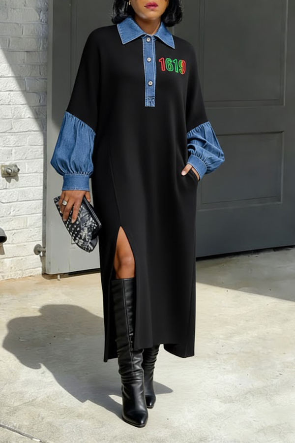 Stylish 1619 Embroidered Denim Patchwork Dress