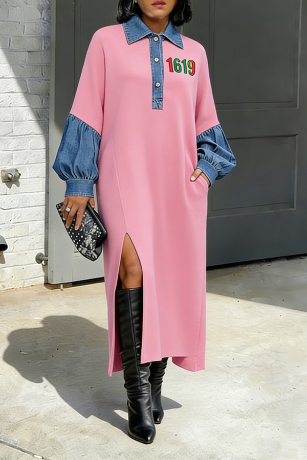 Stylish 1619 Embroidered Denim Patchwork Dress
