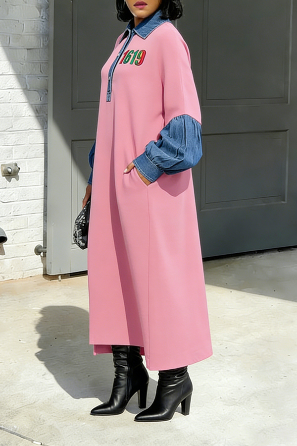 Stylish 1619 Embroidered Denim Patchwork Dress