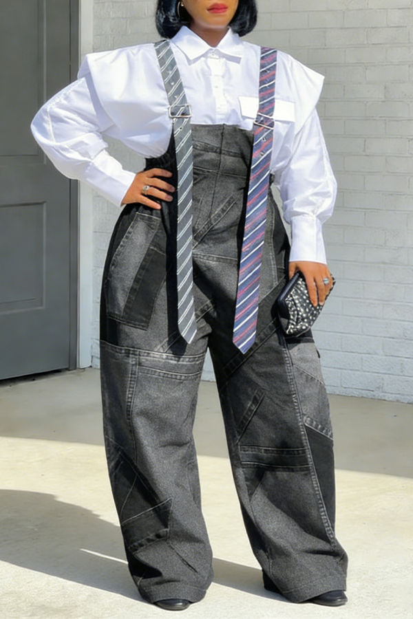 Stylish Denim Patchwork Print Long Tie Style Jumpsuit