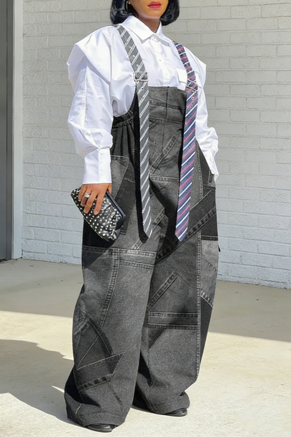 Stylish Denim Patchwork Print Long Tie Style Jumpsuit