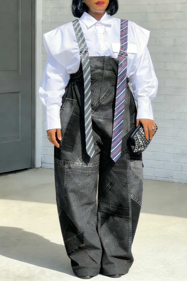 Stylish Denim Patchwork Print Long Tie Style Jumpsuit