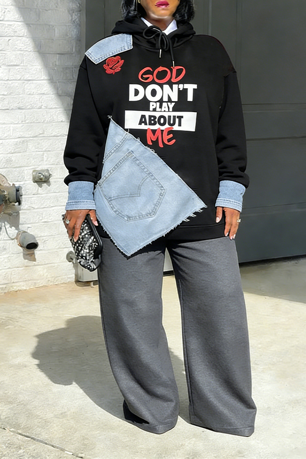 Versatile Different Patches Irregular Denim Patch Hoodie