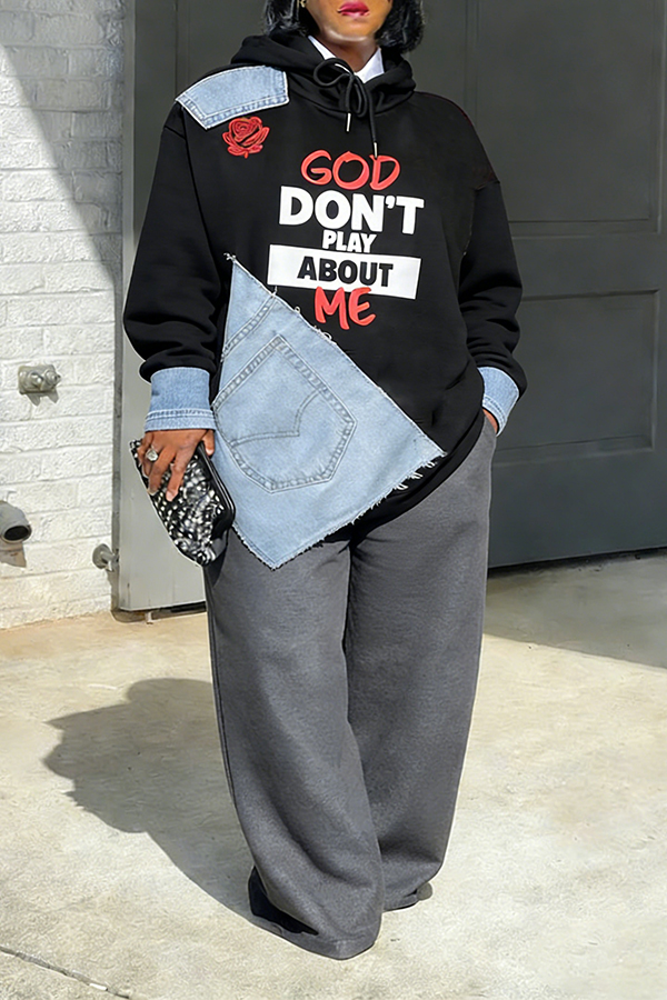 Versatile Different Patches Irregular Denim Patch Hoodie