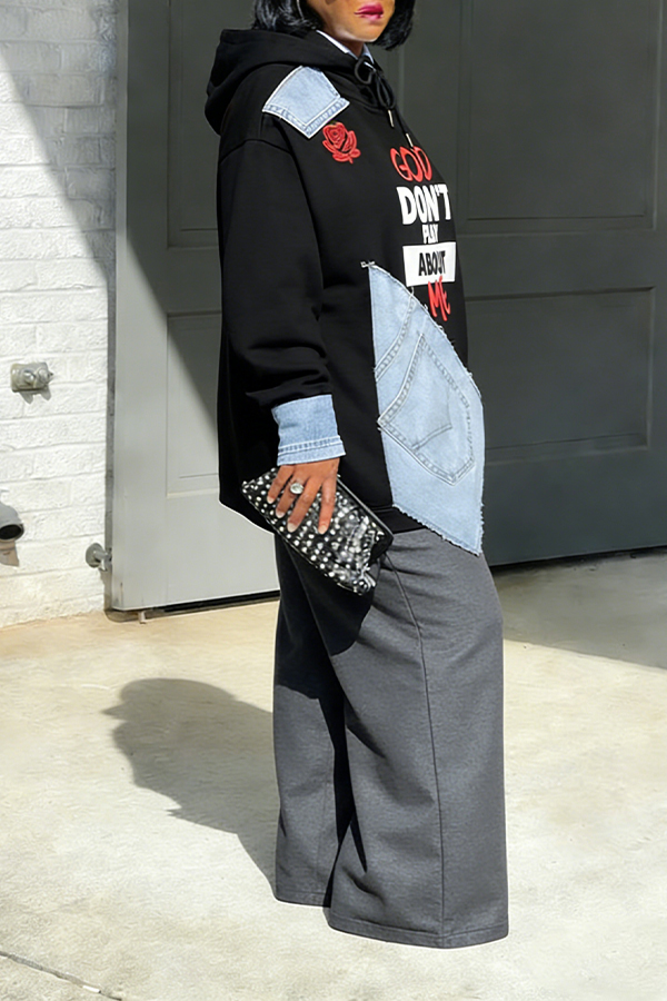 Versatile Different Patches Irregular Denim Patch Hoodie