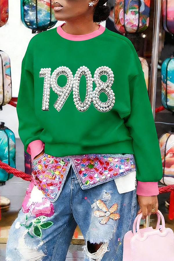 Casual Round Neck Colorblock Rhinestones Sweatshirt