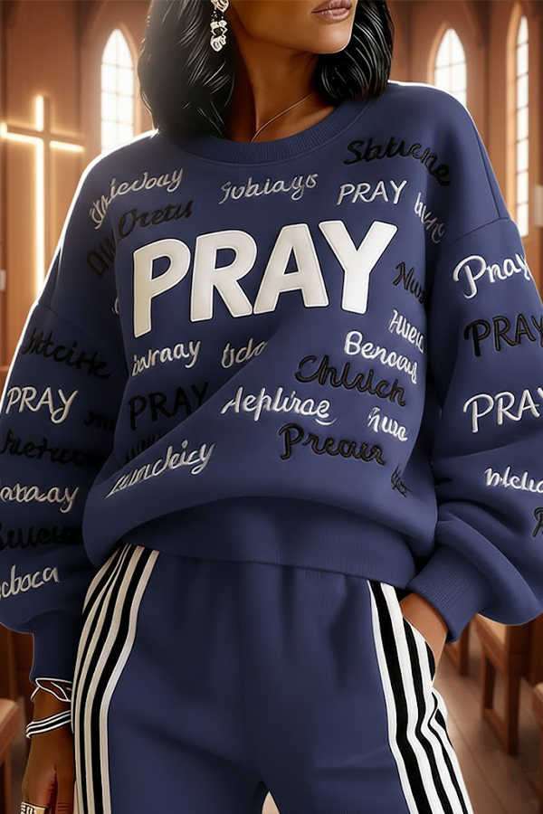 Casual Round Neck Slogan Embroidery Sweatshirt