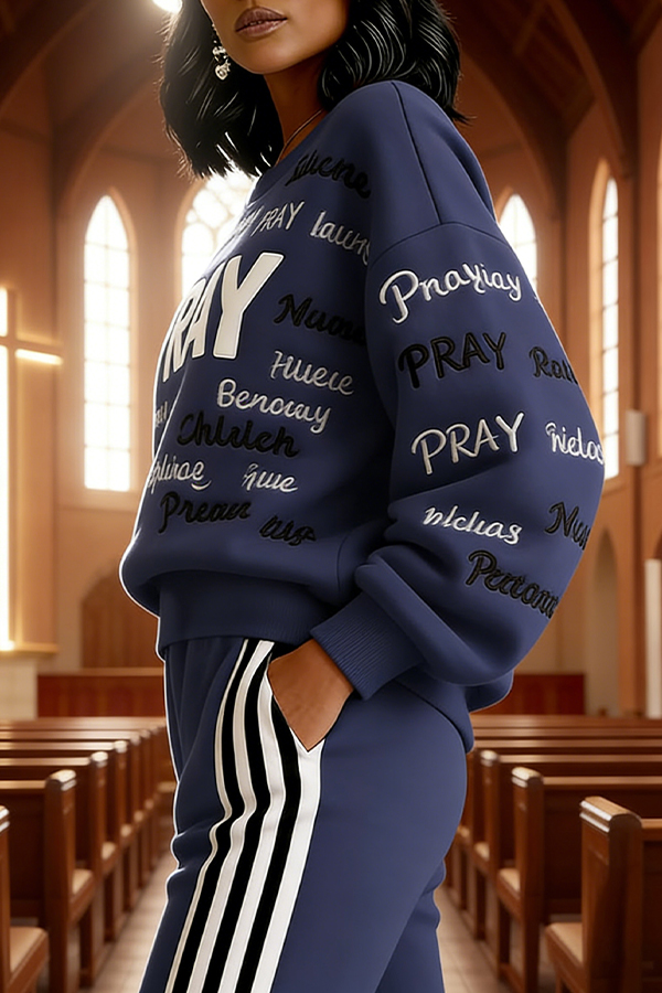 Casual Round Neck Slogan Embroidery Sweatshirt