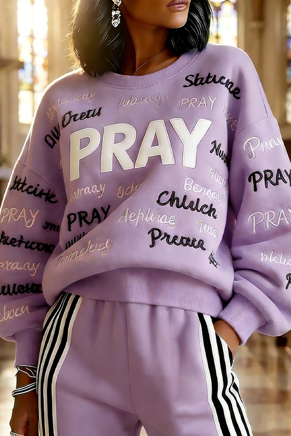 Casual Round Neck Slogan Embroidery Sweatshirt