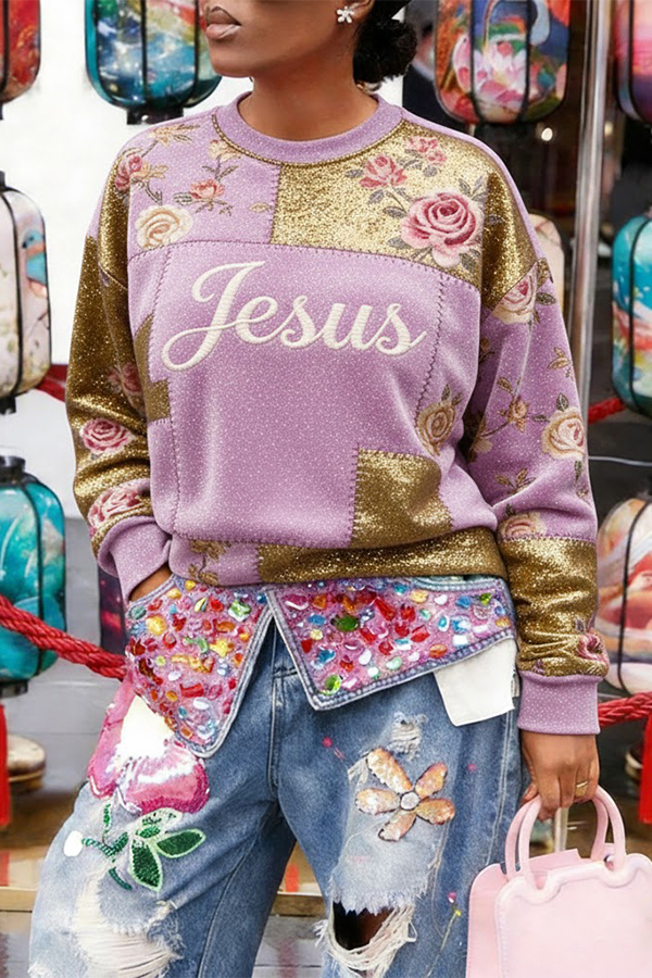 Stylish Colorblock Floral Jesus Embroidered Sweatshirt